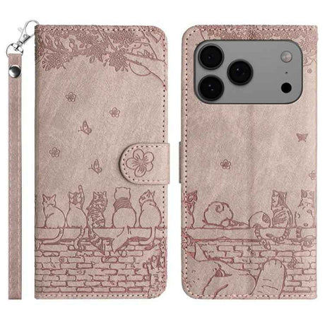 Cat Embossing Pattern Leather Phone Case with Lanyard