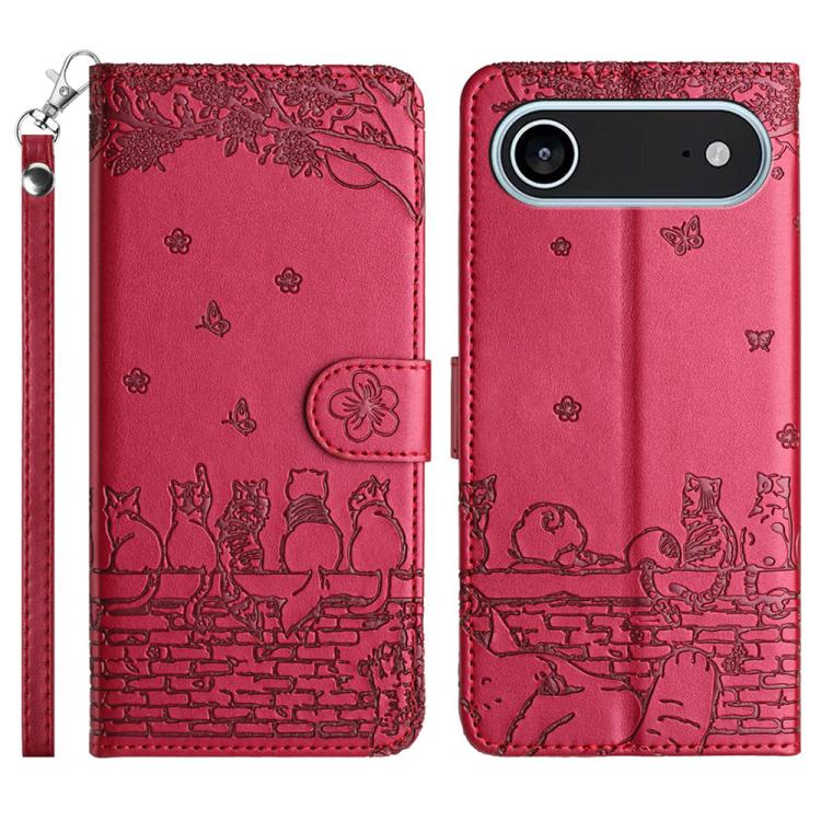 Cat Embossing Pattern Leather Phone Case with Lanyard