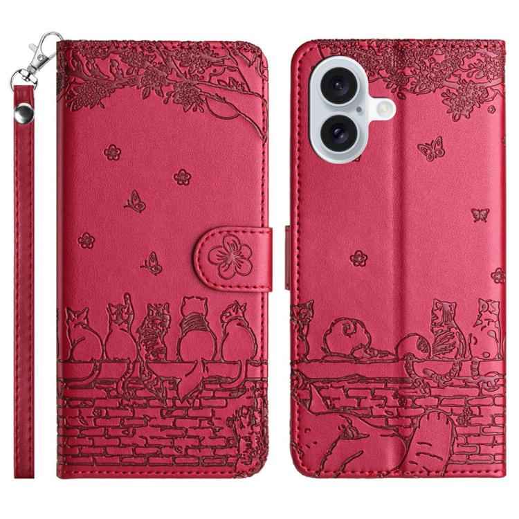 Cat Embossing Pattern Leather Phone Case with Lanyard