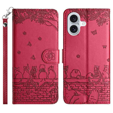 Cat Embossing Pattern Leather Phone Case with Lanyard