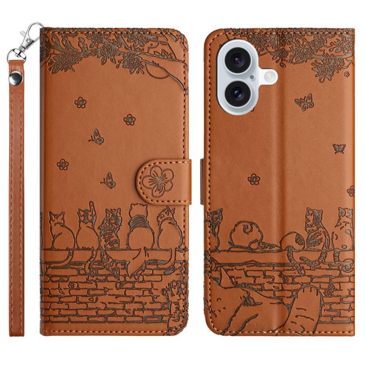 Cat Embossing Pattern Leather Phone Case with Lanyard