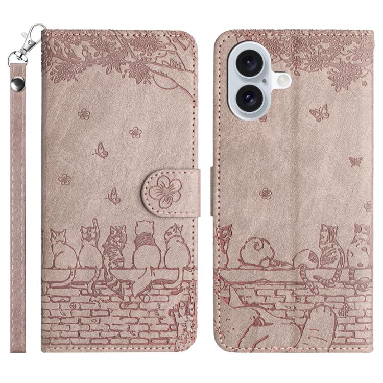 Cat Embossing Pattern Leather Phone Case with Lanyard