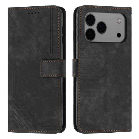 Skin Feel Stripe Pattern Leather Phone Case with Lanyard