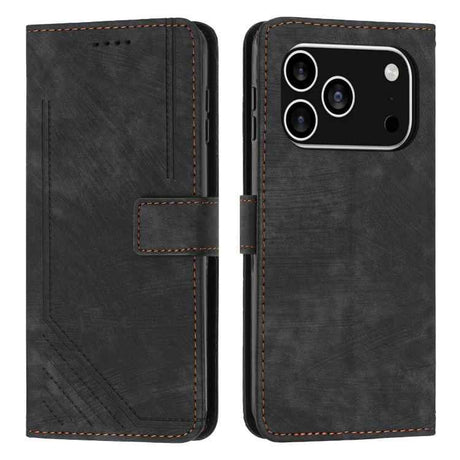 Skin Feel Stripe Pattern Leather Phone Case with Lanyard