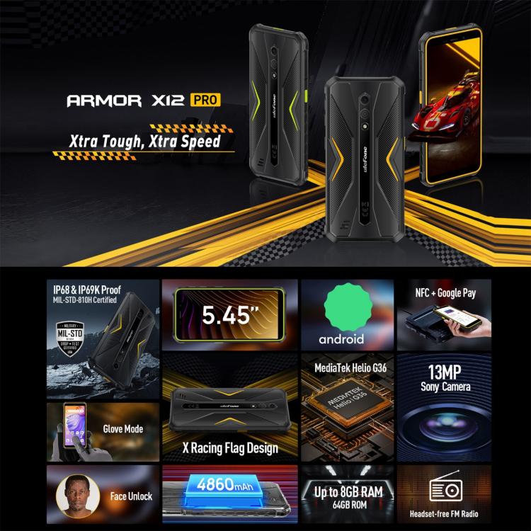Ulefone Armor X12 Pro, IP68/IP69K Rugged Phone, 5.45 inch Android 14 MediaTek Helio G36 Octa Core, Network: 4G, NFC, 4GB+64GB