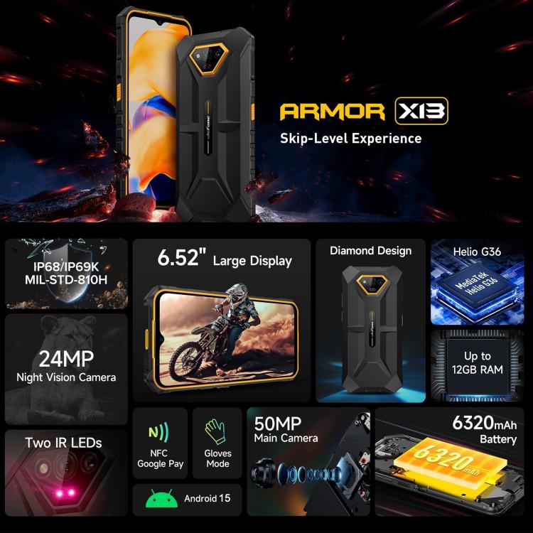 Smartphone robusto Ulefone Armor X13: IP68/IP69K, Android 13, 6 GB de RAM, 64 GB de almacenamiento, MediaTek Helio G36, 4G, NFC, OTG.