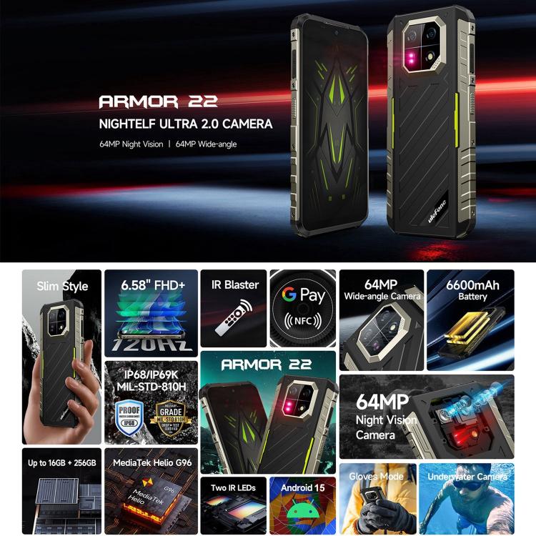 Teléfono robusto Ulefone Armor 22 - IP68/IP69K, 6,58 pulgadas, Android 13, MediaTek Helio G96, 4G, NFC, OTG, opciones de 8 GB + 128 GB y 8 GB + 256 GB 