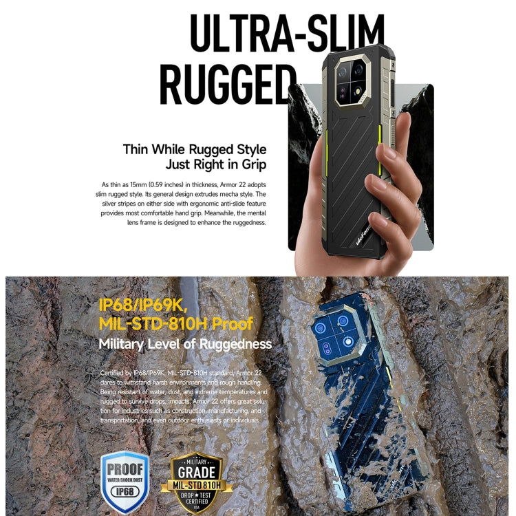 Ulefone Armor 22, IP68/IP69K Rugged Phone, 8GB+256GB, 6.58 inch Android 13 MediaTek Helio G96 Octa Core