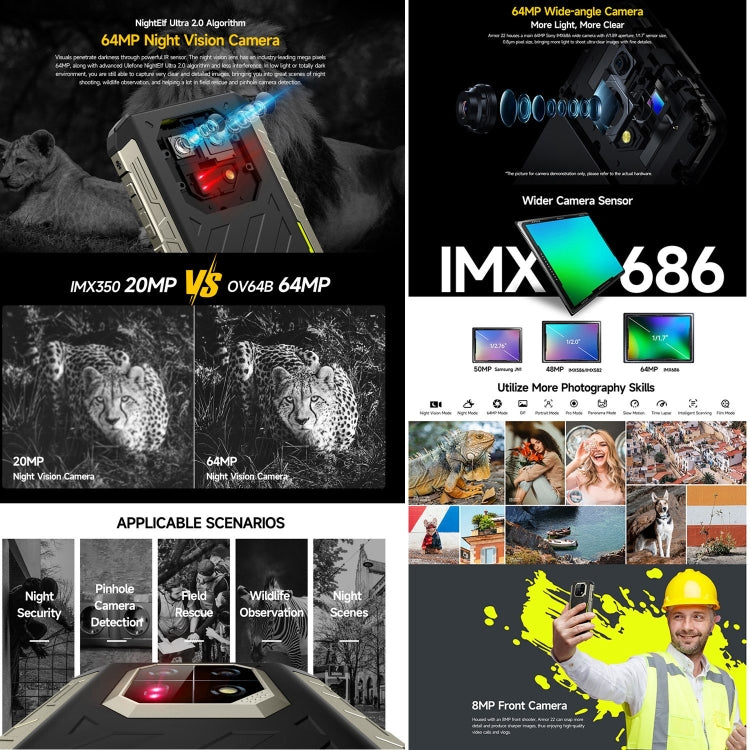 Ulefone Armor 22, IP68/IP69K Rugged Phone, 8GB+256GB, 6.58 inch Android 13 MediaTek Helio G96 Octa Core