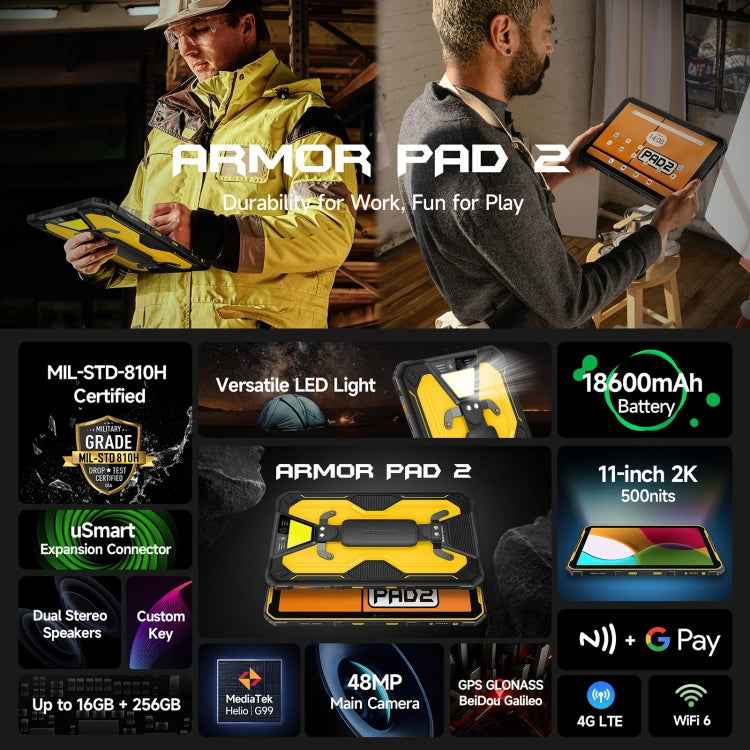 Ulefone Armor Pad 2 Rugged Tablet PC, 16GB+256GB 11 inch Android 13 MediaTek Helio G99 Octa Core 4G Network
