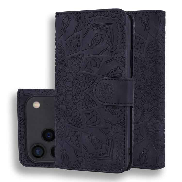 Mandala Embossed Dual-Fold Calf Leather Phone Case