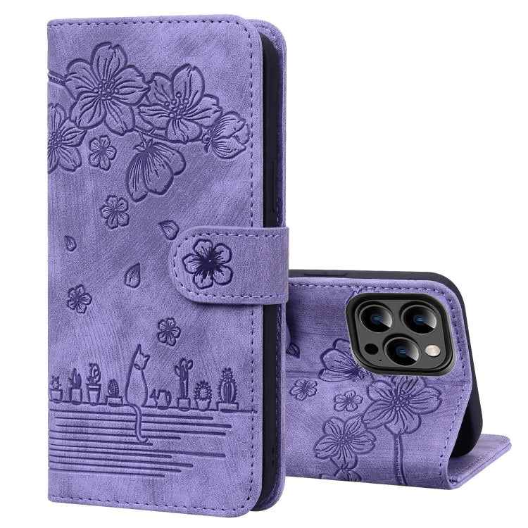 Cartoon Sakura Cat Embossed Leather Phone Case