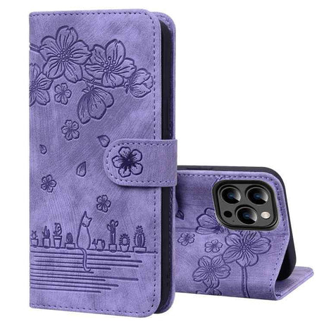 Cartoon Sakura Cat Embossed Leather Phone Case
