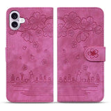 Cartoon Sakura Cat Embossed Leather Phone Case