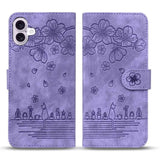 Cartoon Sakura Cat Embossed Leather Phone Case