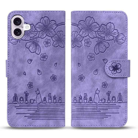 Cartoon Sakura Cat Embossed Leather Phone Case