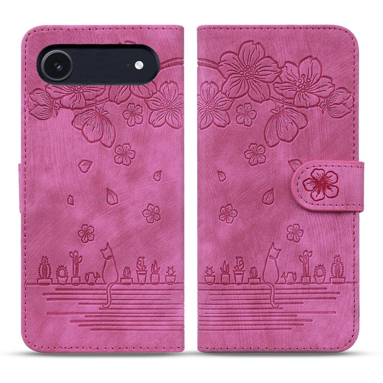 Cartoon Sakura Cat Embossed Leather Phone Case