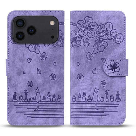 Cartoon Sakura Cat Embossed Leather Phone Case