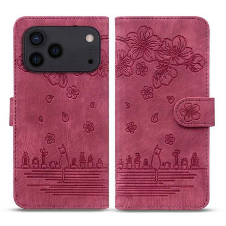 Cartoon Sakura Cat Embossed Leather Phone Case
