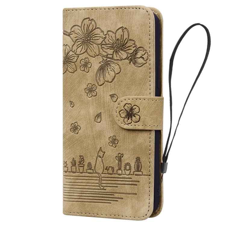 Cartoon Sakura Cat Embossed Leather Phone Case
