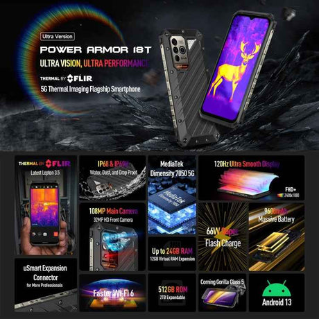 Ulefone Power Armor 18T Ultra Version 5G 12GB+512GB, Thermal Imaging Rugged Phone, 6.58 inch, MediaTek Dimensity 7050