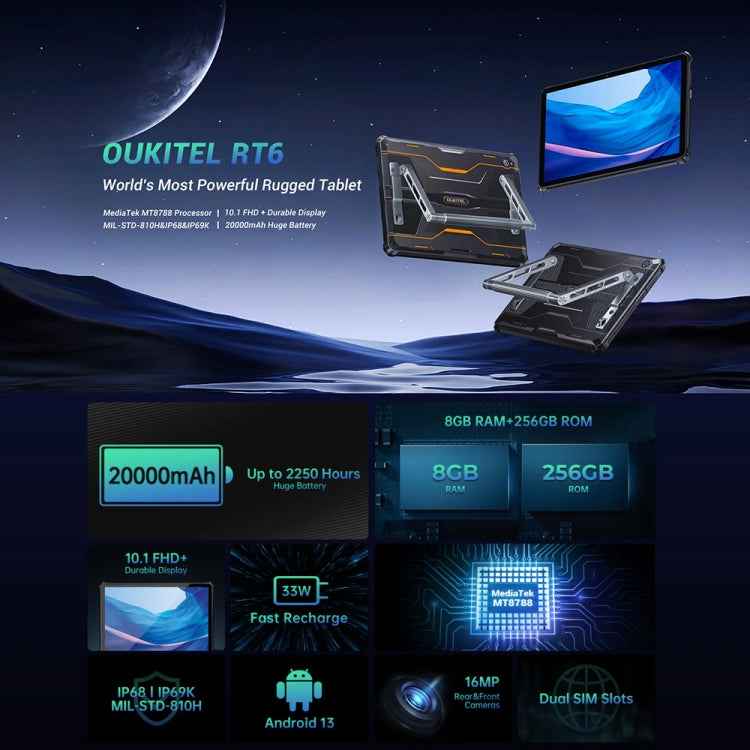 OUKITEL RT6 4G Network IP68/IP69K Rugged Tablet, 10.1 inch Android 13 MediaTek MT8788 Octa Core Support Dual SIM, EU Plug