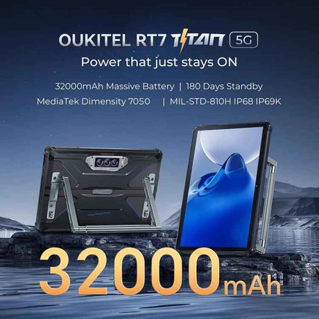 OUKITEL RT7 TITAN 5G Network IP68/IP69K Rugged Tablet, 10.1 inch Android 15 MediaTek Dimensity 7050 Octa Core Support Dual SIM, EU Plug