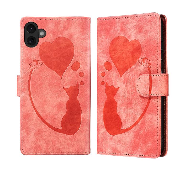 Pen Heart Cat Embossed Leather Phone Case