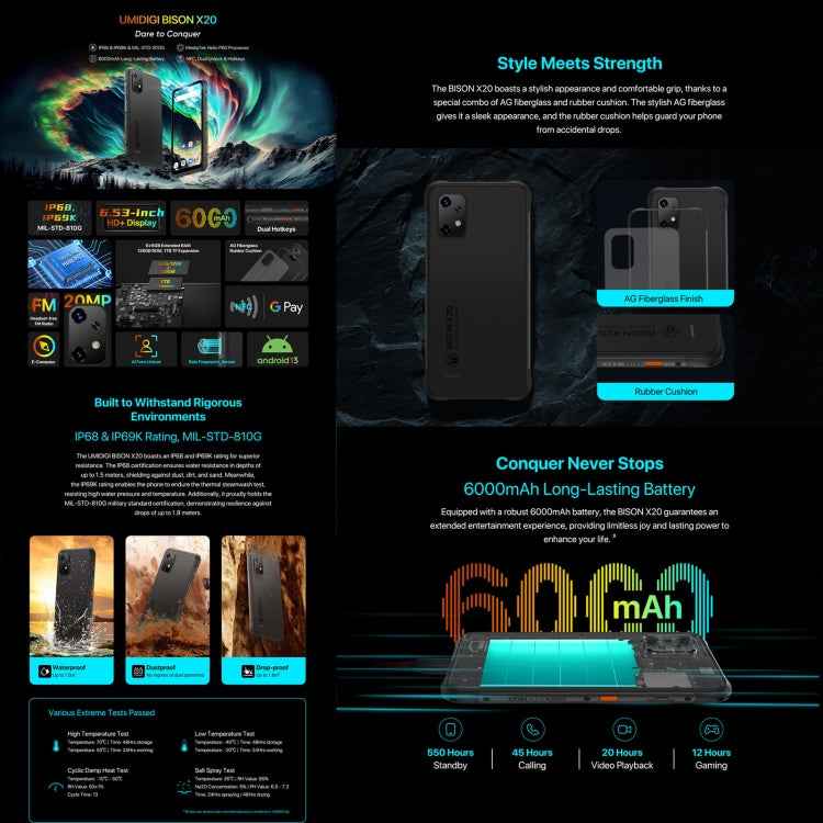 UMIDIGI BISON X20, 6GB+128GB, Face ID & Side Fingerprint Identification, 6.53 inch Android 13 MediaTek Helio P60
