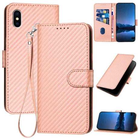 YX0070 Carbon Fiber Buckle Leather Phone Case with Lanyard