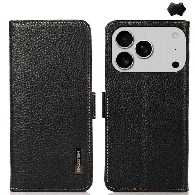 KHAZNEH Side-Magnetic Litchi Genuine Leather RFID Case