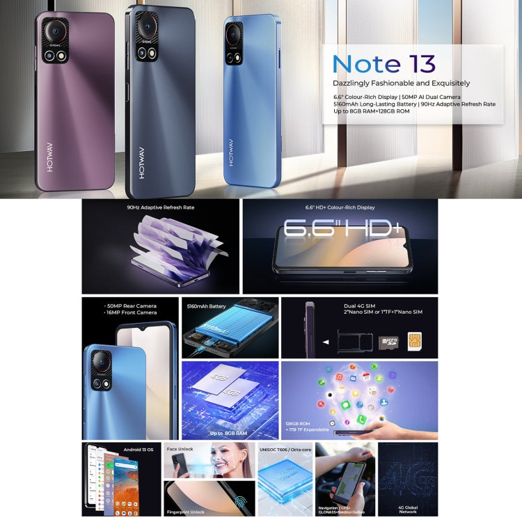 HOTWAV Note 13 - 6.6" Android 13, T606 Octa-Core, 4GB RAM + 128GB Storage, Side Fingerprint, 4G, NFC, OTG