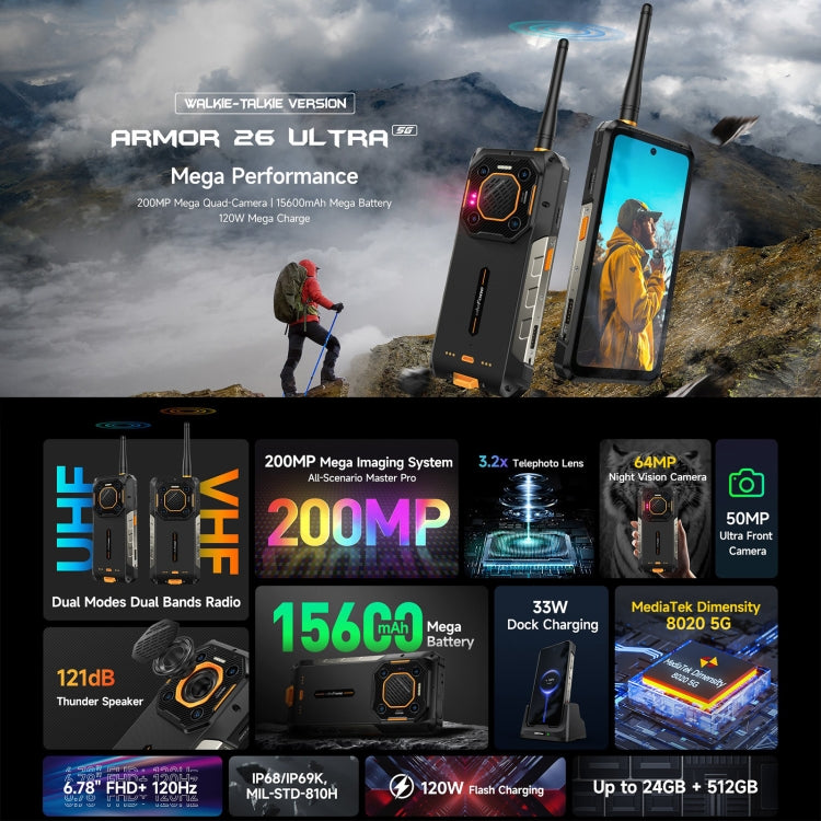 Teléfono robusto Ulefone Armor 26 Ultra Walkie-Talkie - 6.78" Android 13, MediaTek Dimensity 8020, 5G, NFC, 12 GB + 512 GB 