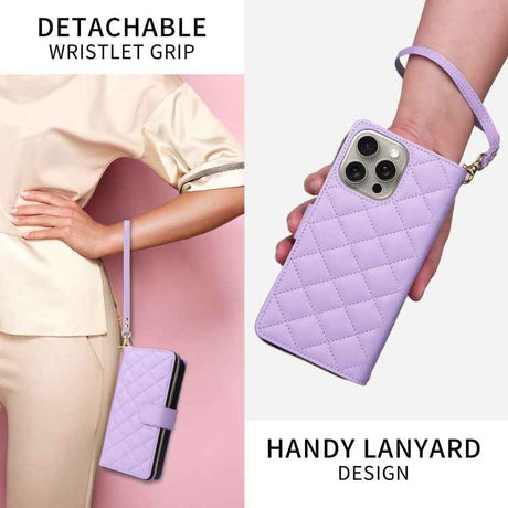 Crossbody Rhombic Zipper Tower Buckle Leather Phone Case with Lanyard