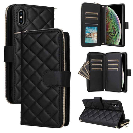 Crossbody Rhombic Zipper Tower Buckle Leather Phone Case with Lanyard