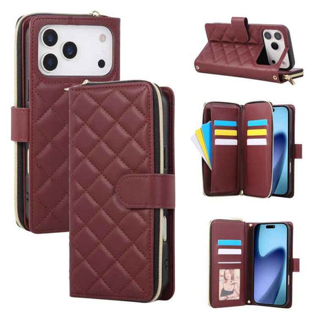 Crossbody Rhombic Zipper Tower Buckle Leather Phone Case with Lanyard