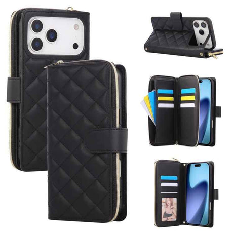 Crossbody Rhombic Zipper Tower Buckle Leather Phone Case with Lanyard