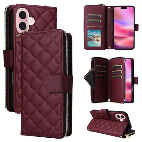 Crossbody Rhombic Zipper Tower Buckle Leather Phone Case with Lanyard