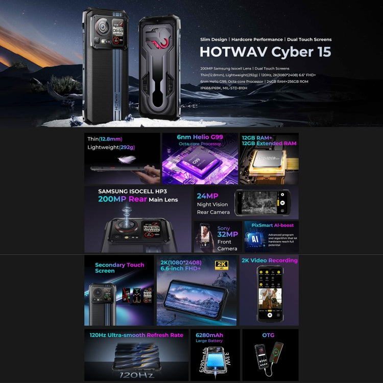HOTWAV Cyber 15 Rugged Phone - IP68/IP69K Waterproof, 6.6" Android 13, MediaTek Helio G99, 12GB RAM, 256GB Storage, 6280mAh Battery, 4G, NFC, OTG