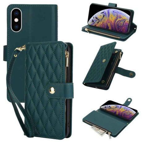 YM016 Rhombic Zipper Card Wallet Leather Phone Case with Lanyard