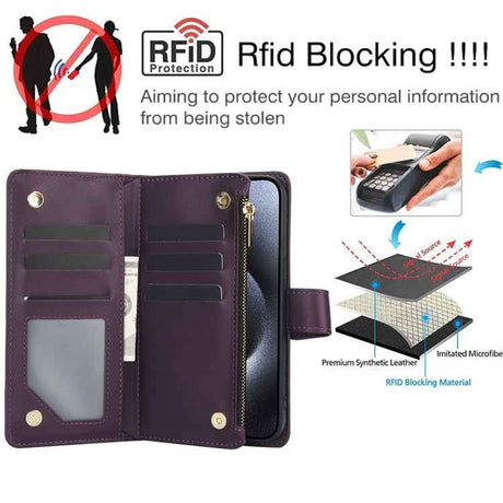 YM016 Rhombic Zipper Card Wallet Leather Phone Case with Lanyard