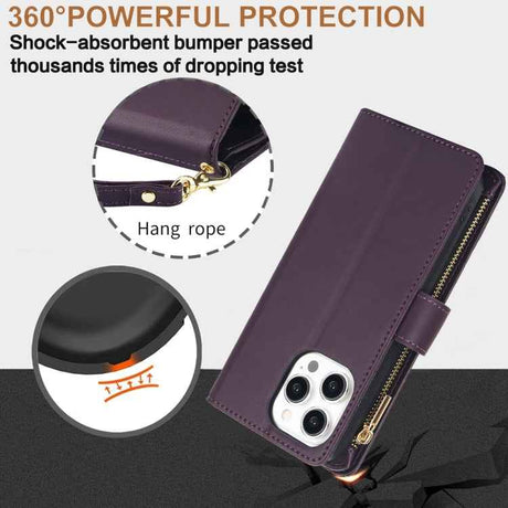 YM016 Rhombic Zipper Card Wallet Leather Phone Case with Lanyard