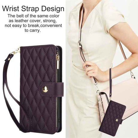 YM016 Rhombic Zipper Card Wallet Leather Phone Case with Lanyard