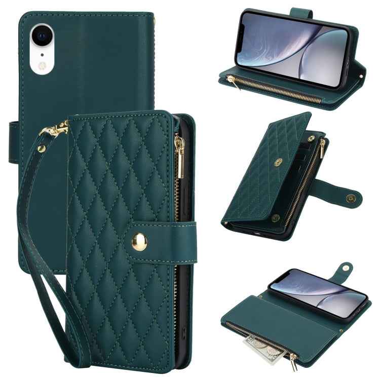 YM016 Rhombic Zipper Card Wallet Leather Phone Case with Lanyard
