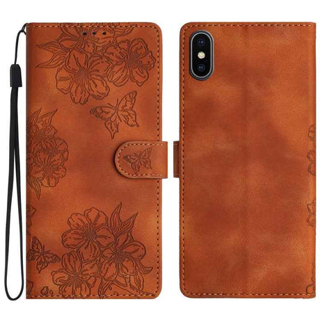 Cherry Blossom Butterfly Skin Feel Embossed PU Phone Case