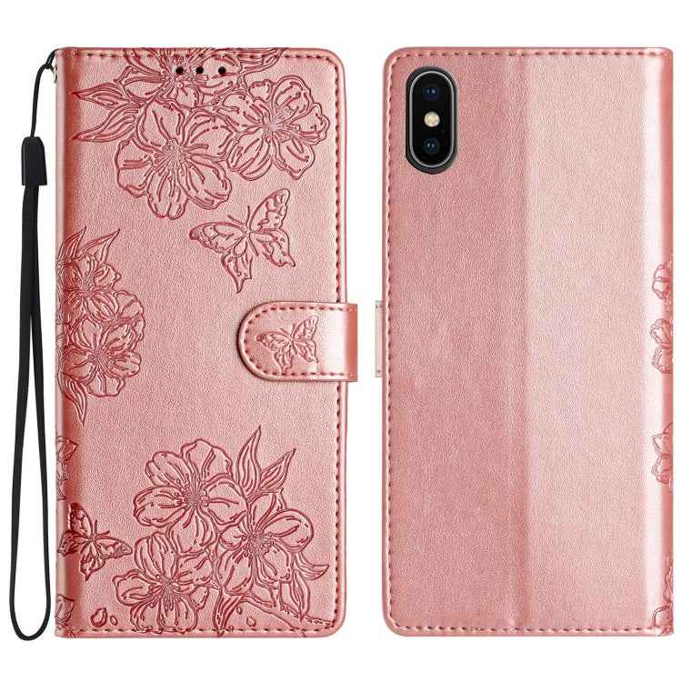 Cherry Blossom Butterfly Skin Feel Embossed PU Phone Case