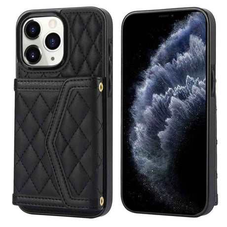 Splicing Rhombic Texture Card Bag Phone Case with Long Lanyard