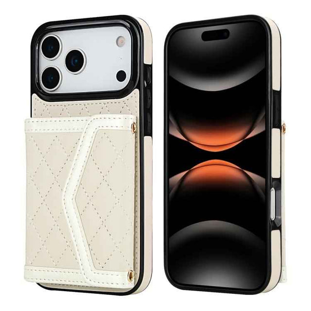 Splicing Rhombic Texture Card Bag Phone Case with Long Lanyard