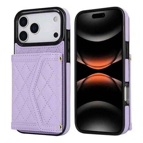 Splicing Rhombic Texture Card Bag Phone Case with Long Lanyard