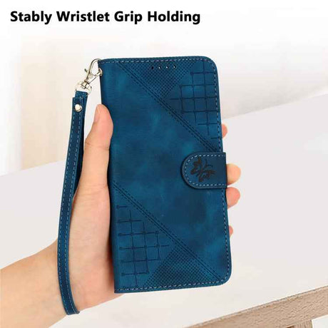YX0080 Grid Butterfly Embossed Pattern Flip Leather Phone Case with Lanyard
